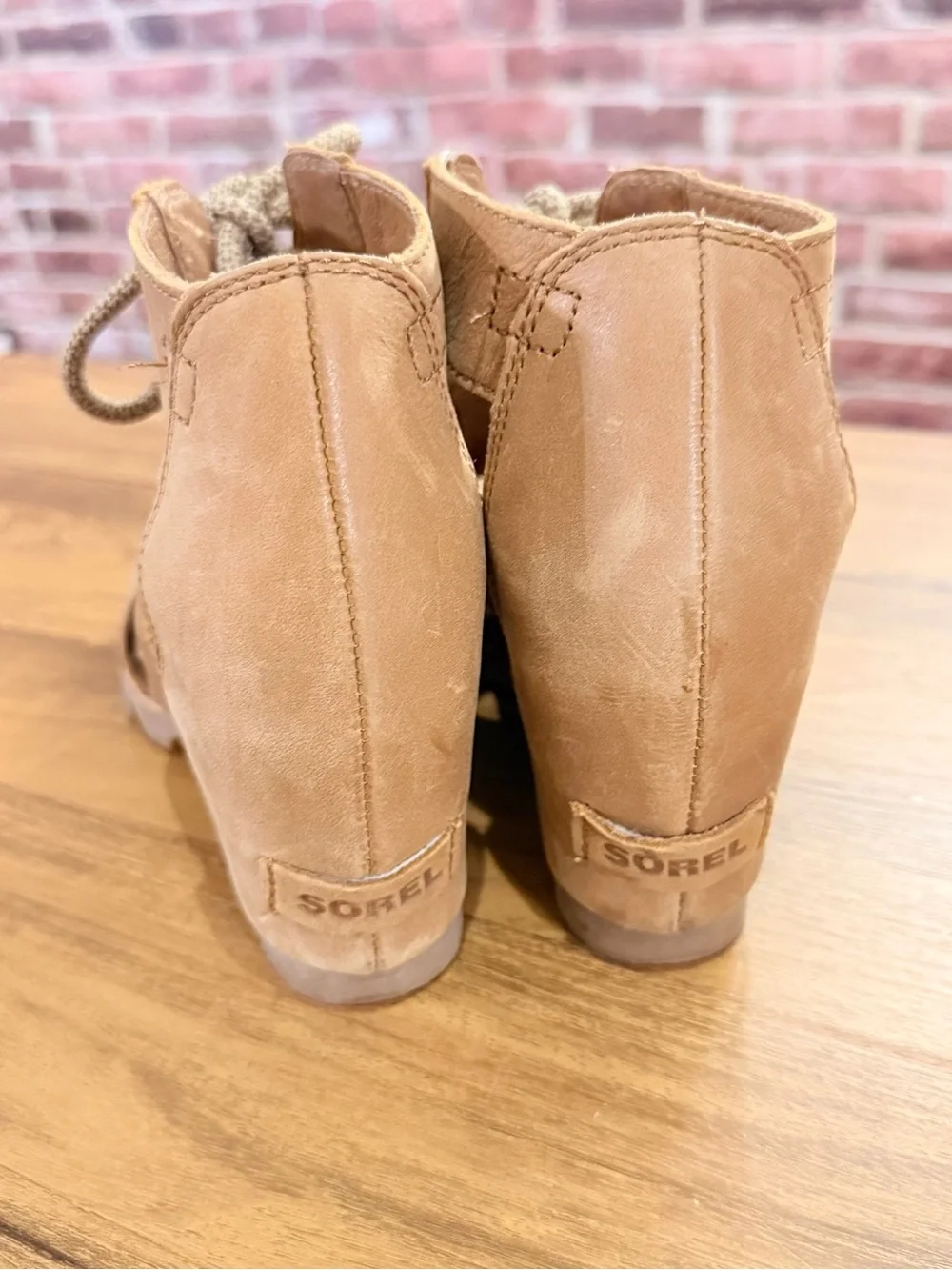 Sorel Joanie Lace Tan Suede Lace-Up Wedge Sandals